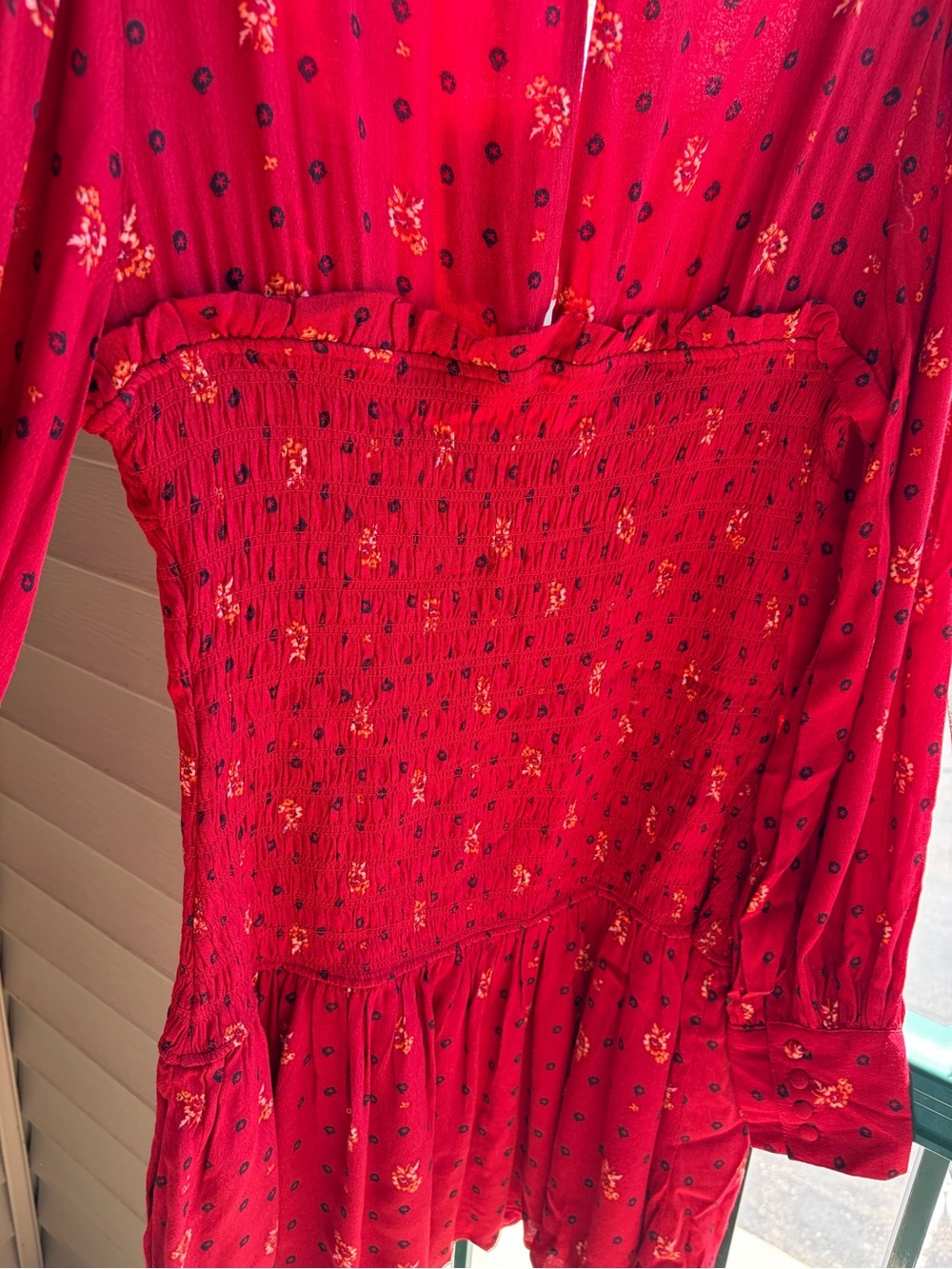 🆕🌹Free People Ruby Combo Smocked Mini Dress Boho Long Sleeve Red Floral XL Chic - Picture 7 of 17